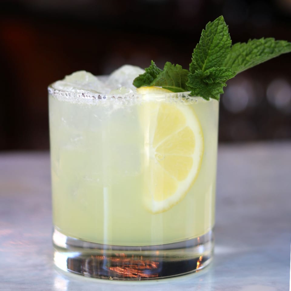 A refreshing cocktail with ice, a lemon slice, and mint garnish in a clear glass.