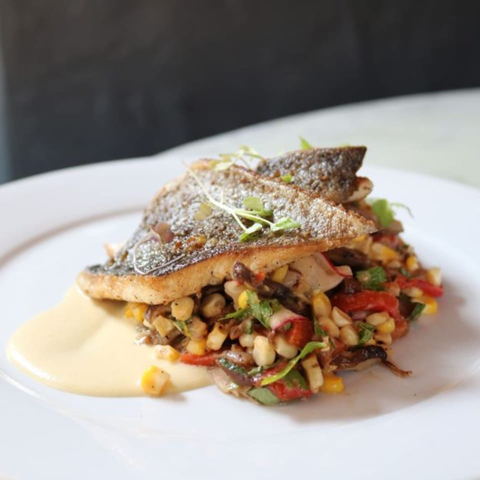 Pan-seared fish with crispy skin, served over a colorful corn and vegetable medley with a creamy sauce.